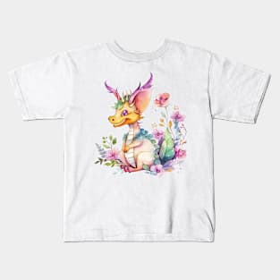Cute Spring Flower Dragon Watercolor Kids T-Shirt